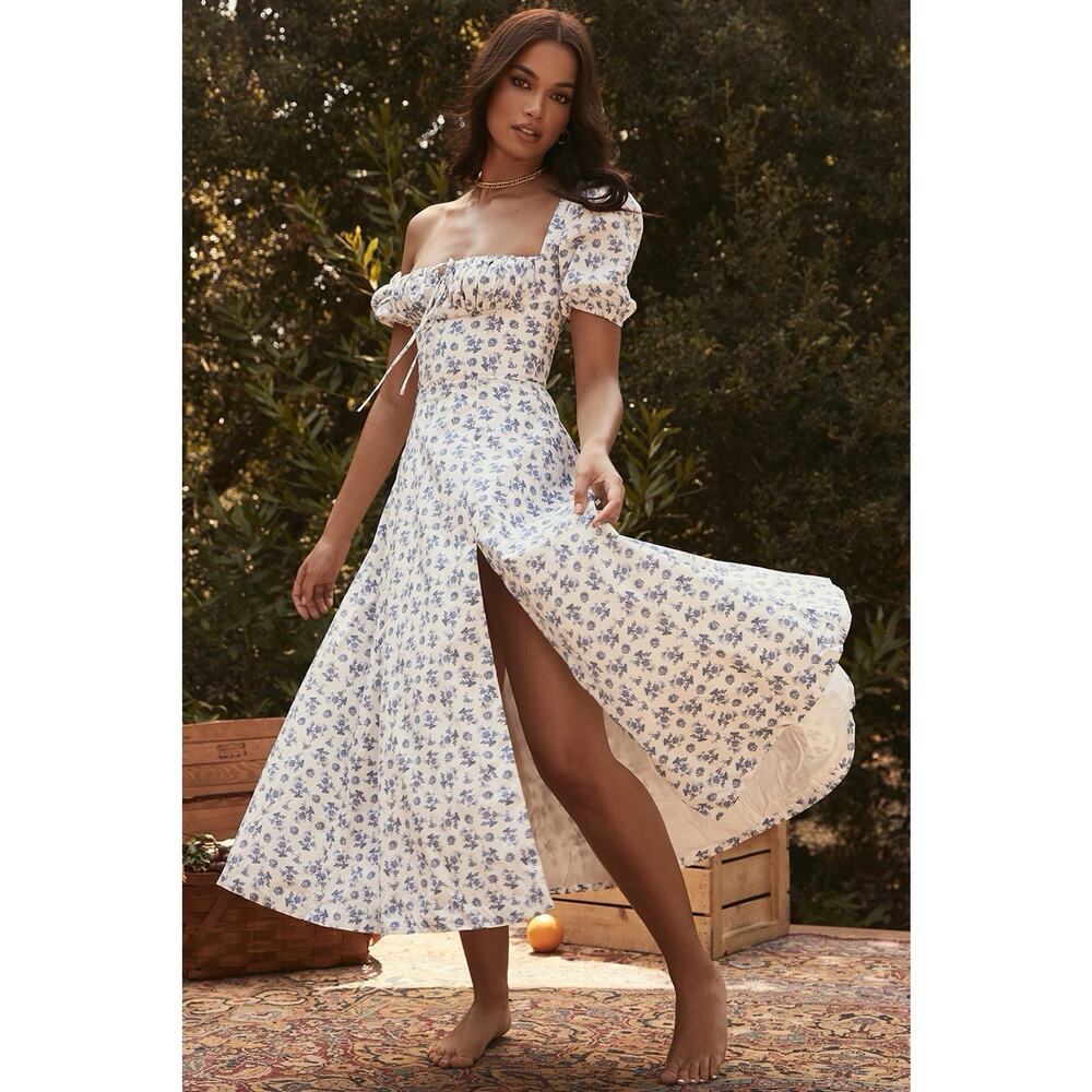 House of CB Tallulah Floral Midi Dress Blue White Puff Sleeve XS